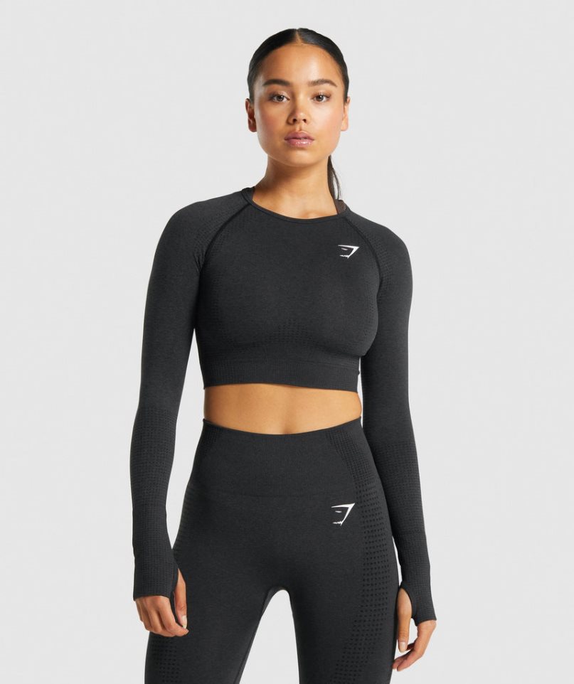 Women\'s Gymshark Vital Seamless 2.0 Long Sleeve Cropped Tops Black | CA 17D835